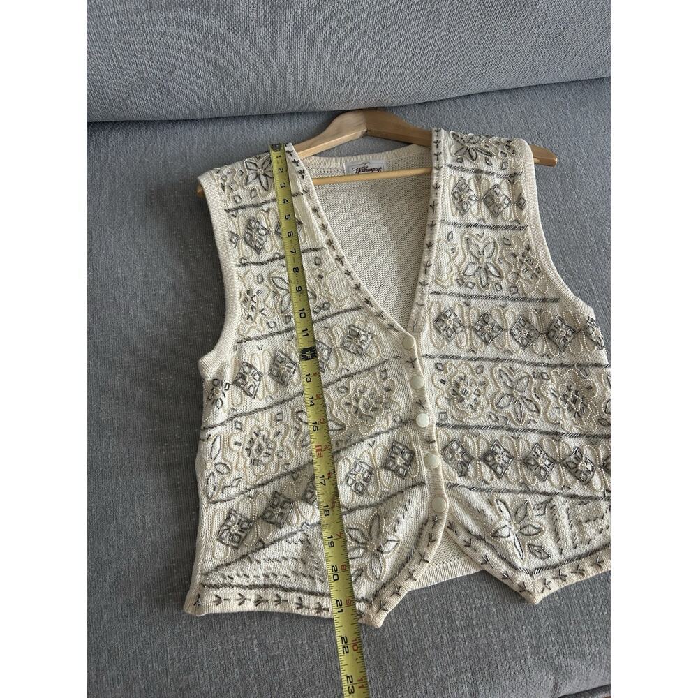 Vtg Cream Sweater Vest Beads Embroidered Flowers Grandma M/L - Picture 7 of 11